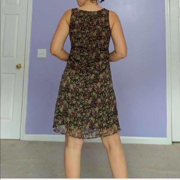 Converse Green Red Floral Print Midi Shift Dress Lined Ruffle Tie Waist Size XS - Picture 2 of 4